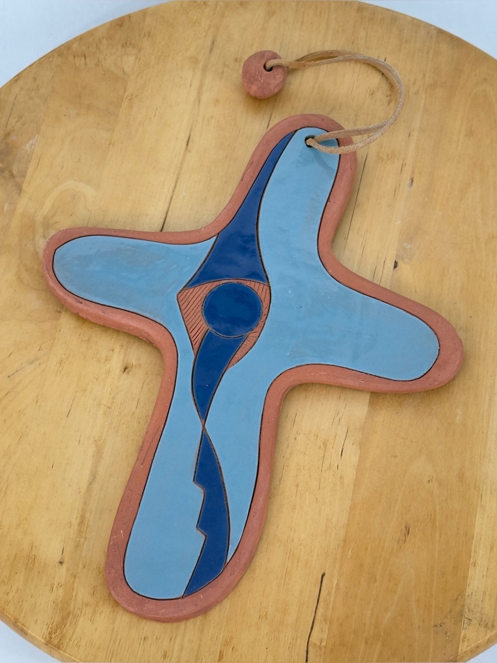 Southwestern Terracotta Ceramic Art Clay Cross w Leather Cord Signed Esta Bain